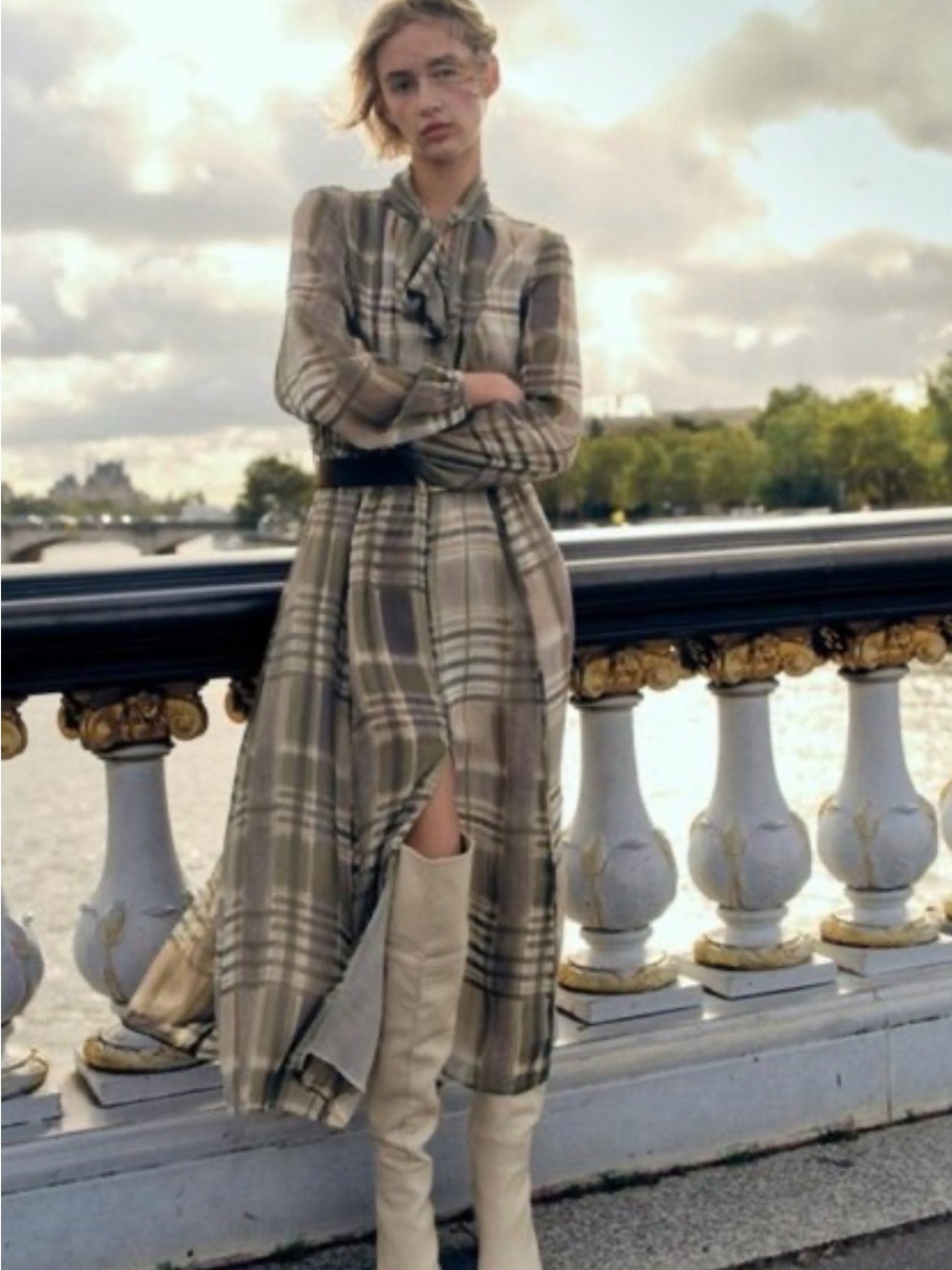 ZARA Plaid Tie-Neck Long Sleeve Midi Dress in Taupe/Olive/Cream